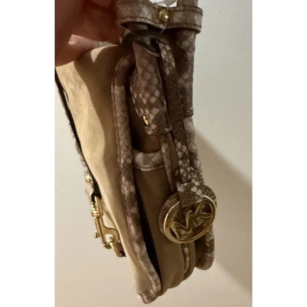 MICHAEL Michael Kors Jamie Saddle Bag Tan Suede Snake print Crossbody 469$